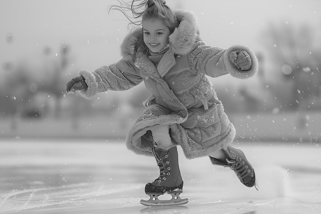 Foto gratuita patinaje sobre hielo en blanco y negro