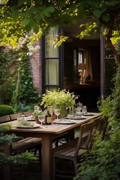 Patio rústico con muebles de terraza y vegetación