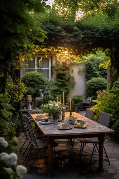 Patio rústico con muebles de terraza y vegetación