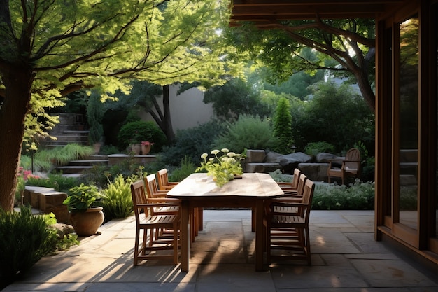 Patio rústico con muebles de terraza y vegetación