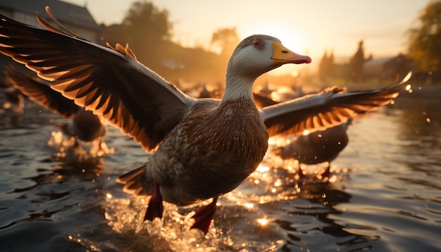 Foto gratuita el pato volando al atardecer con las alas extendidas reflejándose en el agua tranquila generada por la inteligencia artificial