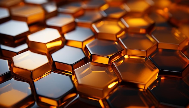 Patrón abstracto de círculos dorados brillantes sobre fondo de vidrio oscuro generado por inteligencia artificial