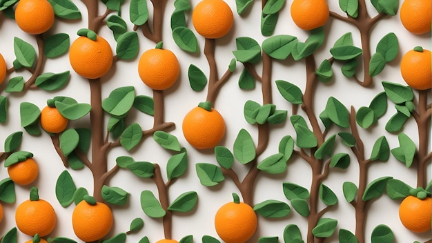 Patrón creativo hecho de mandarinas y hojas sobre fondo blanco.