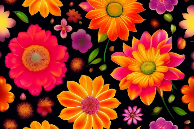 Un patrón floral colorido con flores naranjas, rosas y amarillas.