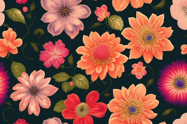 Un patrón floral colorido con flores naranjas y rosas.