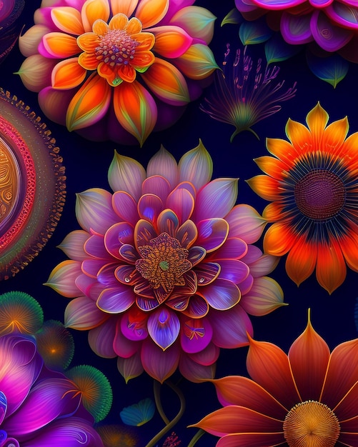 Un patrón floral colorido con una gran flor en el centro.