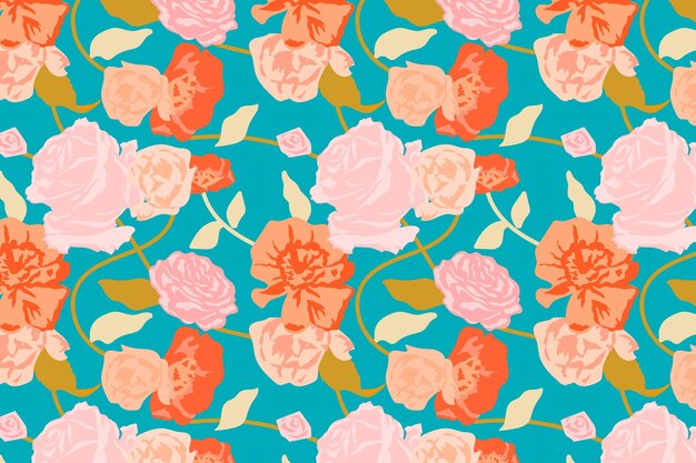 Patrón floral de primavera verde con fondo de rosas rosadas