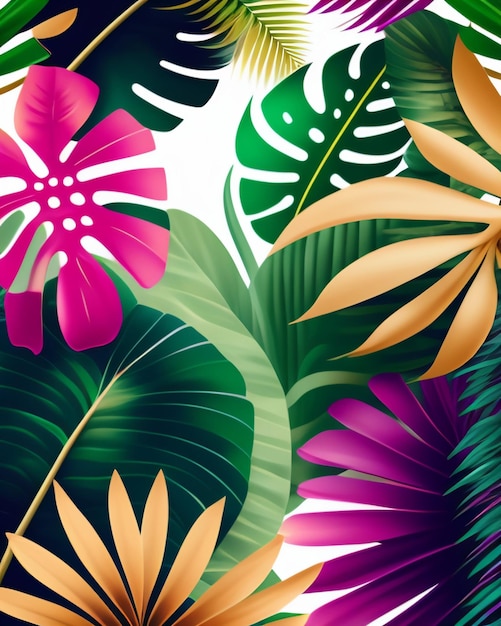 Un patrón tropical colorido con hojas y flores tropicales.
