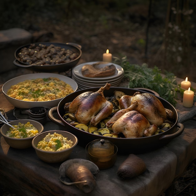 Foto gratuita pavo al horno con arroz y verduras en una sartén en una mesa de madera