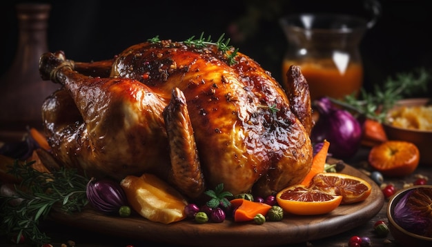 Pavo asado casero en una mesa de madera rústica generado por IA