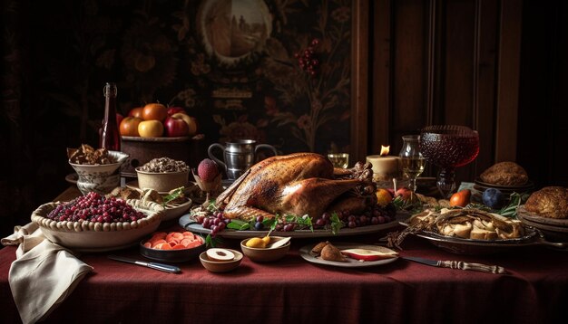 Pavo asado verduras frutas celebración gourmet casera generada por IA