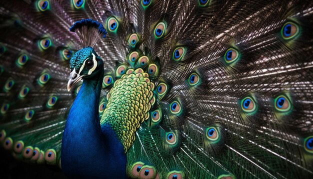 Un pavo real majestuoso muestra plumas multicolores ornamentadas en un retrato cercano generado por IA