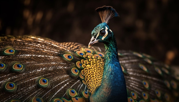 Pavo real majestuoso que muestra vibrantes plumas multicolores al aire libre generadas por IA