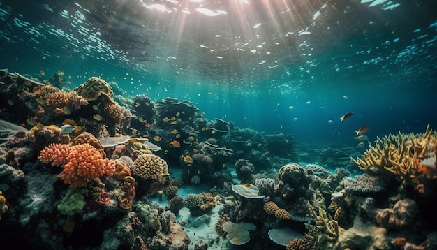 Peces multicolores nadaron a través de arrecifes de coral generados por IA