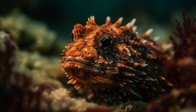 Peces y peces león nadan en arrecifes de coral generados por IA