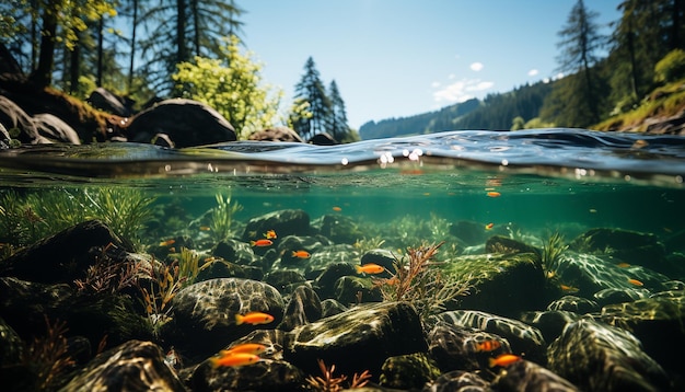 Los peces submarinos nadan en un paisaje marino azul tranquilo explorando la belleza natural generada por la inteligencia artificial