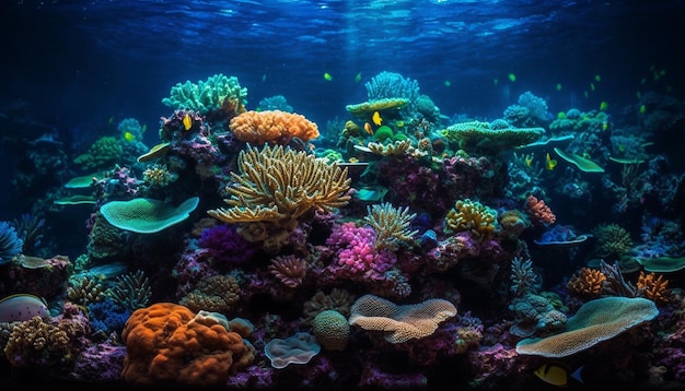 Peces tropicales nadan en arrecife de coral natural generado por IA