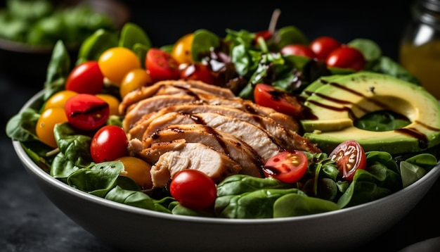 Pechuga de pollo a la parrilla y plato de ensalada fresca generado por IA