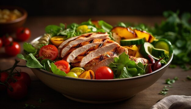 Pechuga de pollo a la parrilla con plato de ensalada fresca generado por IA