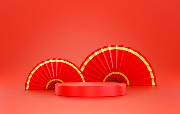Pedestal de cilindro de podio de año nuevo chino rojo exhibición mínima de producto fondo abstracto ilustración 3D presentación de escena de exhibición vacía para colocación de producto