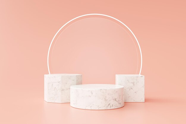 Pedestal de podio de mármol para estudio de soporte de exhibición de productos sobre fondo rosa representación 3d
