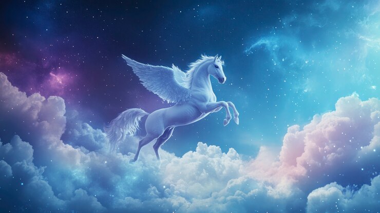 Foto gratuito pegaso en una escena de ensueño