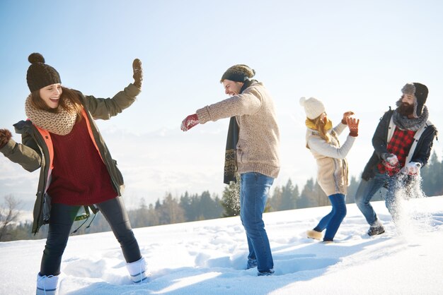 Pelea de nieve en el soleado día de invierno