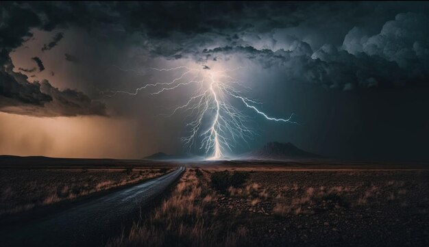 Peligro de tormenta oscura de electricidad y paisaje espeluznante IA generativa