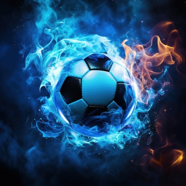 Una pelota de fútbol envuelta en llamas azules y humo negro