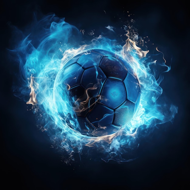 Foto gratuita una pelota de fútbol envuelta en llamas azules y humo negro