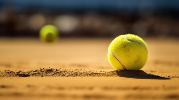 Pelota de tenis en superficie arenosa con la sombra de la raqueta que representa deportes al aire libre en formato de pancarta