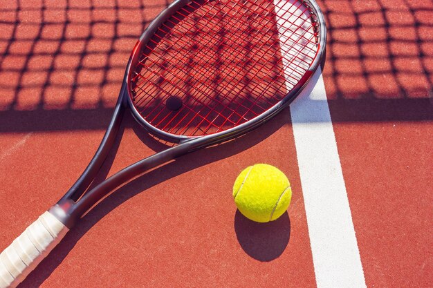 Pelotas de tenis y raquetas en la cancha de césped