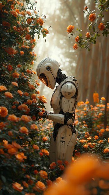 Pemandangan robot merawat dan memelihara taman
