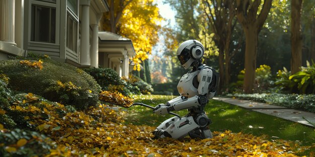 Pemandangan robot merawat dan memelihara taman
