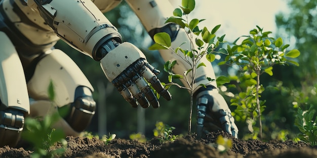 Pemandangan robot merawat dan memelihara taman