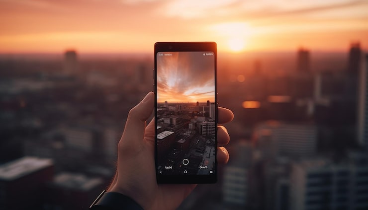 Photo Gratis pengusaha memegang telepon menangkap pemandangan kota yang menakjubkan saat senja yang dihasilkan oleh ai