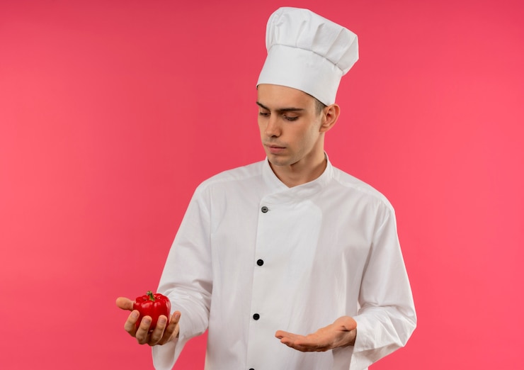 Foto gratuito pensando joven cocinero vistiendo uniforme de chef sosteniendo y mirando papper