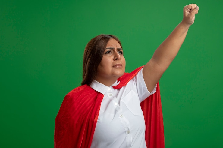 Foto gratuito pensando en la mujer de mediana edad superhéroe mirando hacia arriba levantando el puño aislado sobre fondo verde