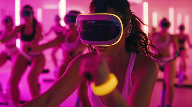 Foto gratuita people doing fitness through virtual reality