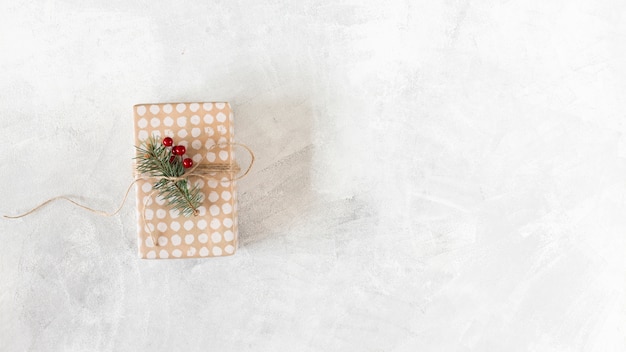 Pequeña caja de regalo con rama de abeto en mesa