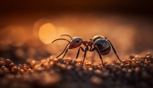 Una pequeña colonia de insectos se arrastra sobre una hoja oscura del bosque generada por IA