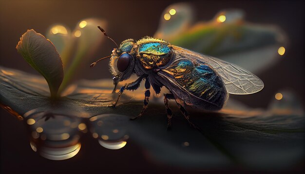 Pequeña mosca amarilla en la IA generativa de la belleza de la naturaleza de la hoja verde