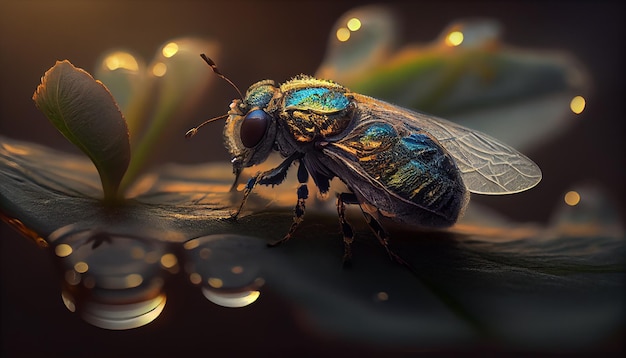 Pequeña mosca amarilla en la IA generativa de la belleza de la naturaleza de la hoja verde