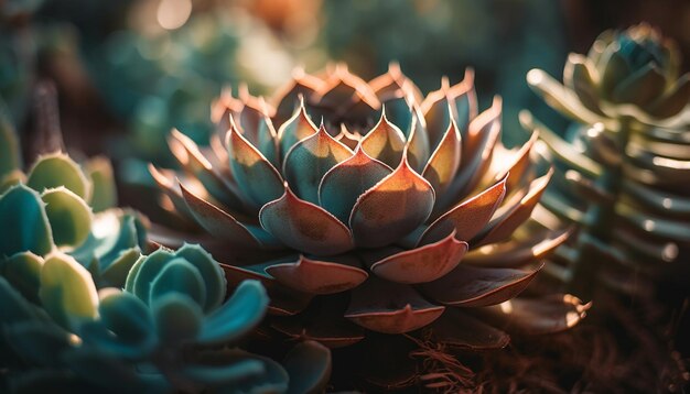 Pequeña planta suculenta con hojas moradas puntiagudas generada por IA