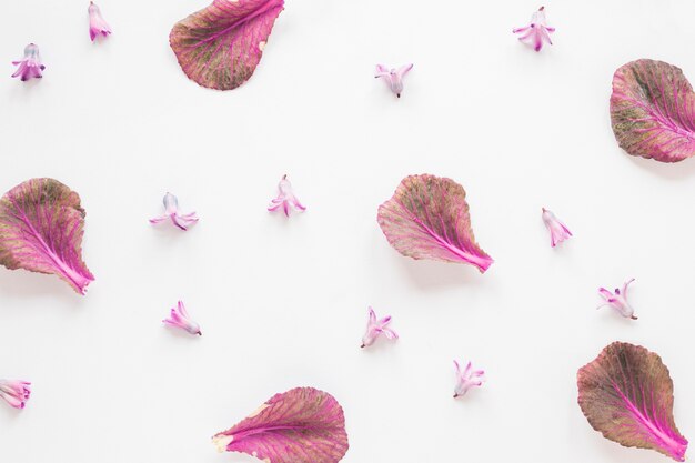 Pequeñas flores con hojas en mesa.