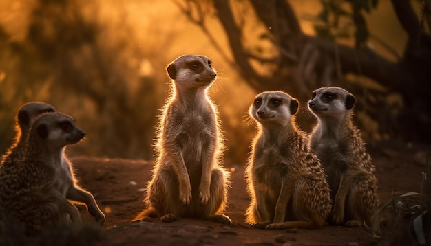 Foto gratuita pequeñas suricatas sentadas en fila observando alertas generadas por ia