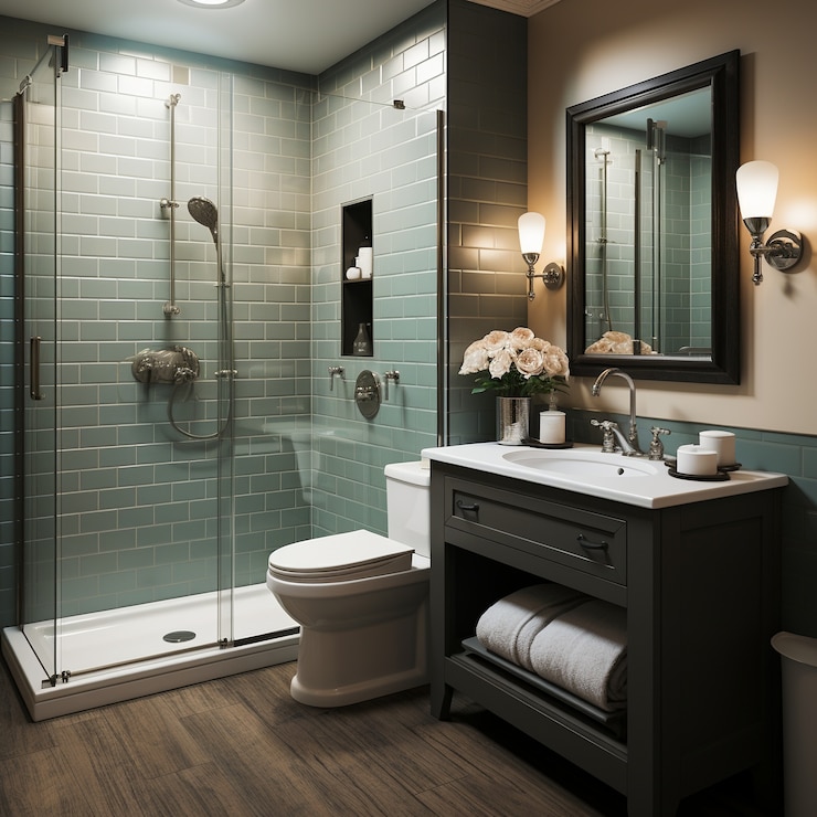 Foto gratuito pequeño baño decorado en estilo moderno.