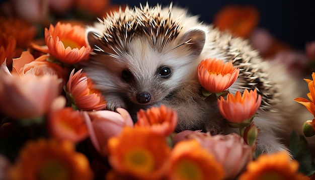 Foto gratuita un pequeño y lindo erizo mirando a la cámara en la belleza de la naturaleza generada por la inteligencia artificial