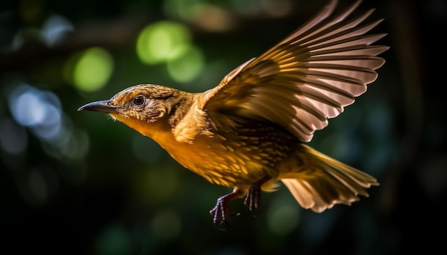 Pequeño pájaro posado en una rama con alas abiertas generadas por IA