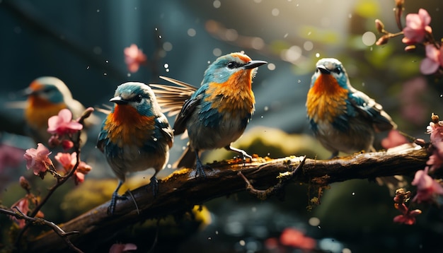 Pequeño pájaro posado en una rama de plumas vibrantes en primavera generada por inteligencia artificial
